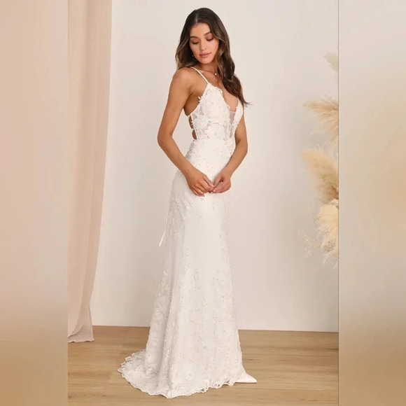 Lulus Enchanting Eternity Ivory Pearl Lace-Up Backless Dress Wedding Bride - Picture 3 of 11